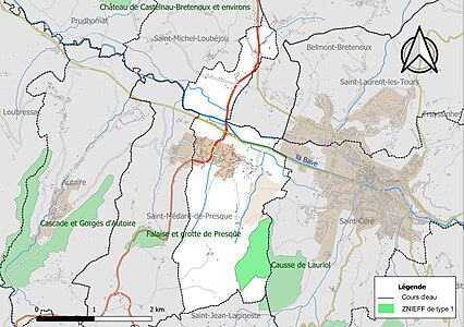 Carte de la ZNIEFF de type 1 sur la commune.