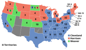 Kort over, hvem, der har vandt hvilke stater (blå=Cleveland, rød=Harrison, lyseblå=Weaver)