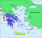 Carte représentant une Grèce dont le territoire atteint un tiers de celui d'aujourd'hui.