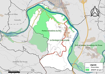 Carte des ZNIEFF de type 1 sur la commune.