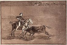 Dessin d'une femme à cheval affrontant un taureau.