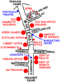 Mapa de Whitehall mostrant els principals edificis governamentals de Gran Bretanya.