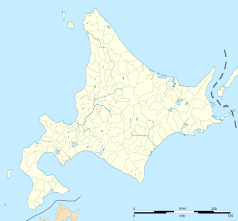 Mapa konturowa Hokkaido, blisko centrum na lewo u góry znajduje się punkt z opisem „Haboro”