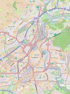 Mapa konturowa Lubeki, w centrum znajduje się punkt z opisem „Kościół św. Jakuba w Lubece”