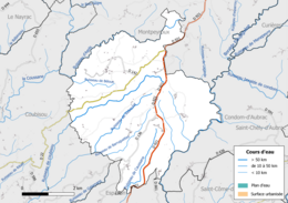 Carte en couleur présentant le réseau hydrographique de la commune