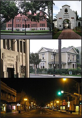 Do topo, da esquerda para a direita: Antigo Palácio da Justiça do Condado de Orange, Museu Bowers, antiga Prefeitura, Minter House e Broadway Street