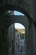 The côte Saint-Martin. In the distance, the ruins of the Château de Crussol (Ardèche)