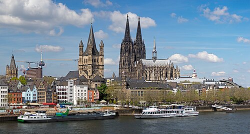 Great St. Martin Church and Cologne Cathedral seen from the Deutz Bridge