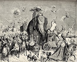 Gravure avec un cortège presque indistinct de différentes délégations se déplaçant sur des animaux exotiques comme un éléphant, un chameau, une girafe, des oiseaux...