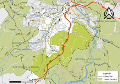 Carte de la ZNIEFF de type 2 sur la commune.