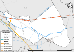 Carte en couleur présentant le réseau hydrographique de la commune