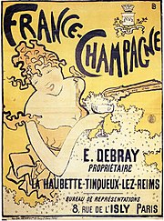 Affiche avec lettres noires sur fond jaune et dessin d'une femme souriante tenant une coupe dont la mousse envahit tout le bas de l'image.