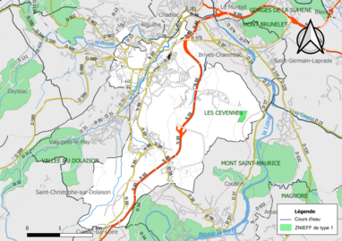 Carte des ZNIEFF de type 1 sur la commune.