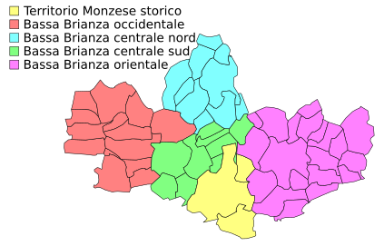 Mapa provincie, žlutě značeno historické území Monzy