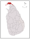 Area map of Jaffna District, in the peninsula to the north, in the Northern Province of Sri Lanka