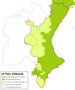 Поширення валенсійської мови (темно-зелений колір) у Валенсійському співтоваристві