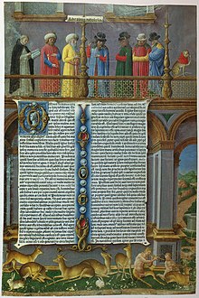 Incunabulum showing a text of the beginning of Aristotle's Metaphysics at the center of the picture. A group of people in colorful robes stands above it and below it are animals on grass.