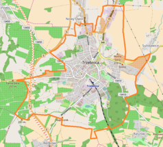 Mapa konturowa Trzebnicy, w centrum znajduje się punkt z opisem „Pałac w Trzebnicy”