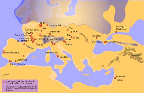 Carte de l'Europe en orange sur laquelle 45 sites néandertaliens sont en rouge et 3 zones de glaciation en violet.