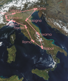 Overview of the stages: route clockwise from Milan, down to Naples, then up to Milan