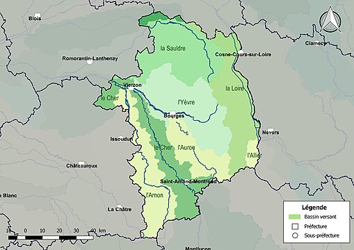 Les principaux bassins versants du département du Cher.