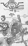 Belägringen av den av franska trupper hållna spanska staden Badajos 1812. Den till fästningen anslutna lynetten San Roque, i bildens nederkant, är under anfall från engelska trupper.