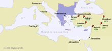 Map of the Mediterranean Sea with the extent of the Byzantine Empire highlighted and locations of key battles in the 1070s indicated