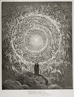 Engraving showing two small silhouettes standing before a tunnel of innumerably manifold circling angels leading to a bright, beautiful light at the end.