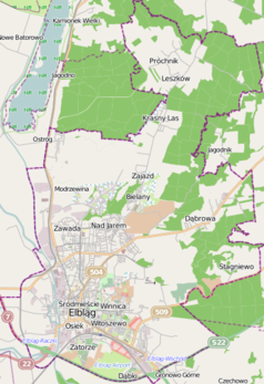 Mapa konturowa Elbląga, na dole po lewej znajduje się punkt z opisem „Kościół Bożego Ciała w Elblągu”