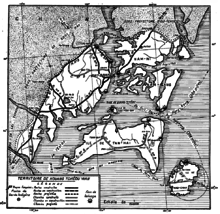 Carte en noir et blanc montrant la localisation de la baie de Kouang-Tchéou-Wan, dans la péninsule de Leizhou.