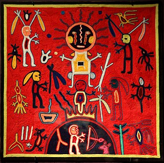 Tableau de laine nierika : La naissance du soleil. Bois, cire, laine, H. 60 cm. Indiens Huichol