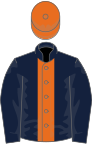 Dark blue, orange stripe, orange cap