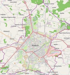 Mapa konturowa Radomia, blisko centrum na dole znajduje się punkt z opisem „Społeczność Chrześcijańska w Radomiu”