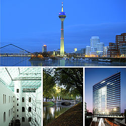 Düsseldorf skyline with Rheinturm and Neuer Zollhof, inside Kunstsammlung Nordrhein-Westfalen, Germany's busiest and upscale shopping street Königsallee and Stadttor