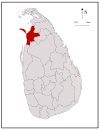 Area map of Mannar District, along the north western coast with eastern border extending towards the interior, also including a large island roughly oval in shape, in the Northern Province of Sri Lanka