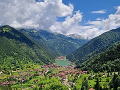 Black Sea Region: Uzungöl in Trabzon. Lush forests are found around the Pontic Mountains thanks to the high amounts of precipitation on the northern side of the mountain range.[309]