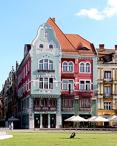 Brück House in Timișoara, today in Romania (1911). Along with Oradea, Timișoara is part of the Art Nouveau European Route[92]