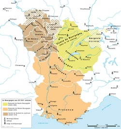 Spodnja Burgundija (oranžno), Zgornja Burgundija (rumeno) in Vojvodina Burgundija (rjavo)