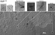 The MSL debris field viewed by HiRISE (MRO) on August 17, 2012. The parachute landed about 615米（2,018英尺） from Curiosity (3-D: rover & parachute).