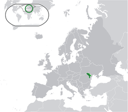 Moldovan sijainti (vihreällä) ja Transnistria (vaalean vihreällä).