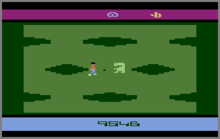 A horizontal rectangle video game screenshot that is a digital representation of a grass field with large holes. Two characters stand in the middle of the field.