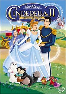 A picture of Cinderella with Prince Charming, the mice, Lucifer, and Pom-Pom out on a grassy background as the Fairy Godmother spreads magic around them and the title above.