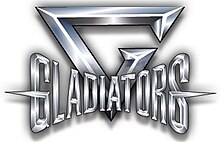 Image containing the word 'GLADIATORS' in all upper-case letters stylised in a cinemascope-type format, which is partly overlaying a capital letter 'G' stylised in an inverse triangle.