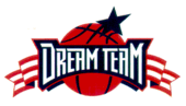 Logo composé de Dream Team écrit sur une banderole dans un fond bleu, devant un ballon de basket, celui-ci étant surmonté d'une étoile.