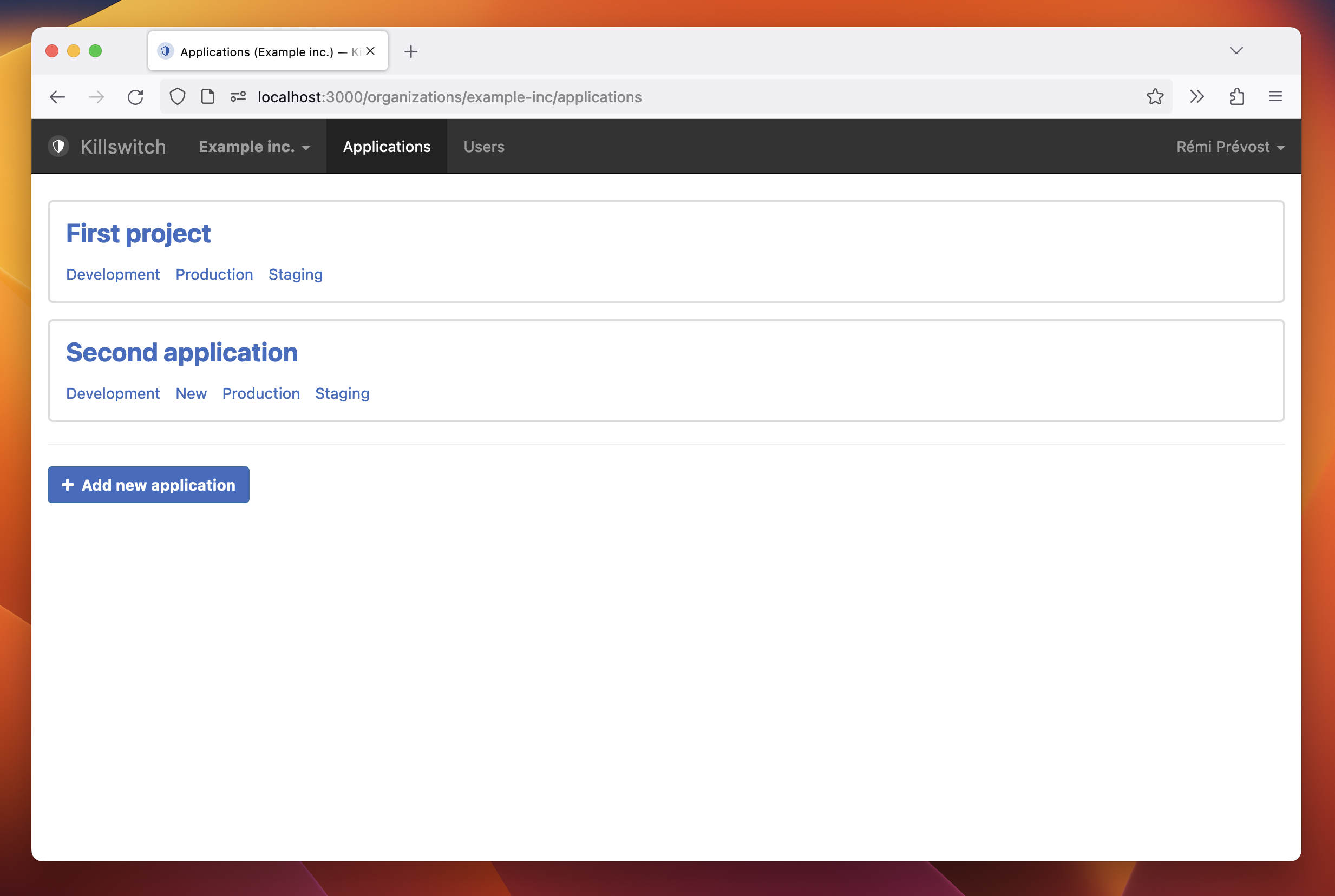 Screenshot of Killswitch showing the logged in homepage