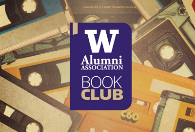 UW Alumni Book Club logo surrounded by cassette tapes
