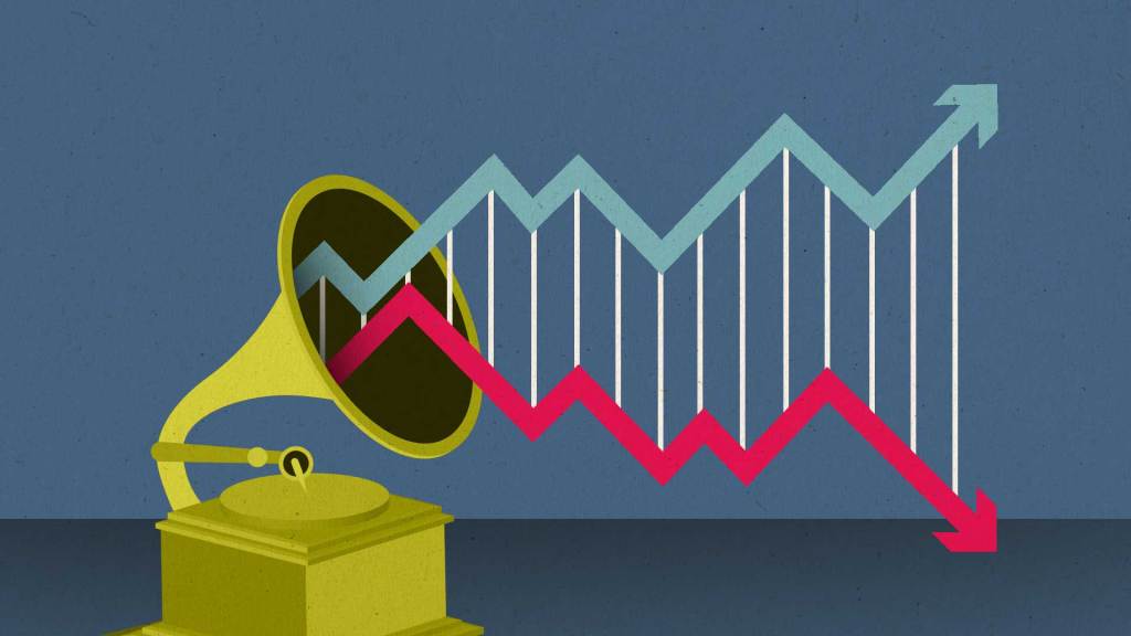 illustration of a Grammy award with trend arrows emanating from it