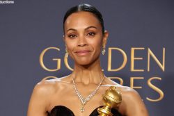 BEVERLY HILLS, CALIFORNIA - JANUARY 05: Zoe Saldana, winner of the Best Performance by a Female Actor in a Supporting Role in any Motion Picture award for “Emilia Pérez,” poses in the press room during the 82nd Annual Golden Globe Award at The Beverly Hilton on January 05, 2025 in Beverly Hills, California.  (Photo by Amy Sussman/Getty Images)