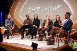 Brent Lang, Andre Holland, Juliette Lewis, Ronan Farrow, Rachel Ghiazza, Mamoudou Athie speak onstage at Variety x Audible Cocktails and Conversations at Sundance on January 24, 2025 in Park City, Utah.