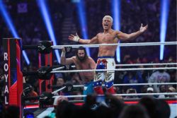 SAN ANTONIO, TEXAS - JANUARY 28: Cody Rhodes reacts after winning the WWE Royal Rumble at Alamodome on January 28, 2023 in San Antonio, Texas. (Photo by Alex Bierens de Haan/Getty Images)